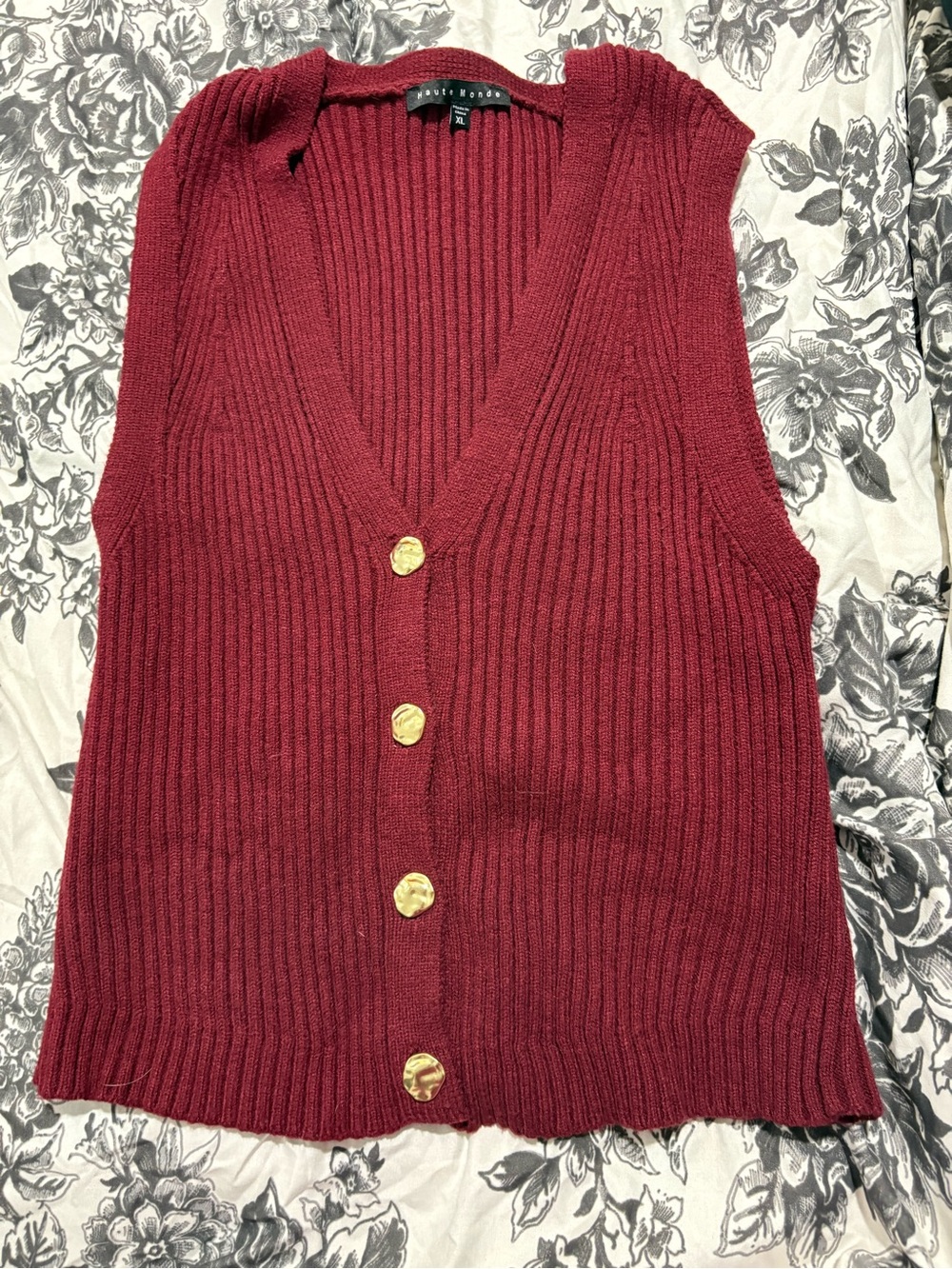 Ribbed Button-Front Burgundy Knit Vest